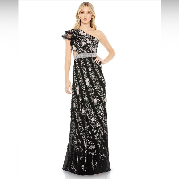 NWT Mac Duggal 70160 Embroidered Ruffle One shoulder Lace Up Gown - Picture 2 of 5
